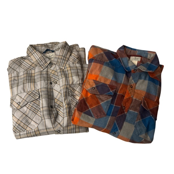 Eddie Bauer Set of 2 Lot Plaid Shirts Pearl Snap Checker Plaid Button - Size LT
